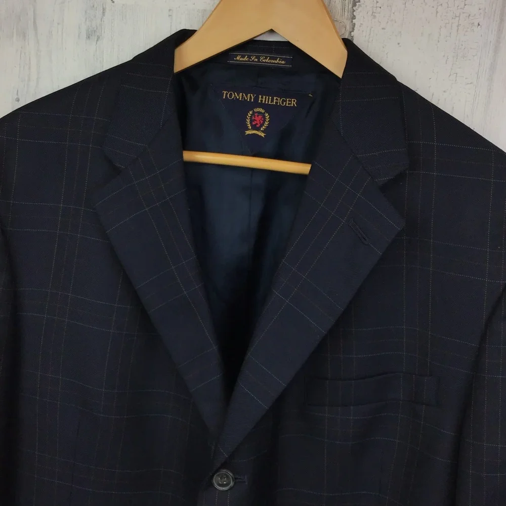 Tommy  Hilfiger Men's 46R Blazer Sport Coat Blue Check Silk & Wool vtg -holes